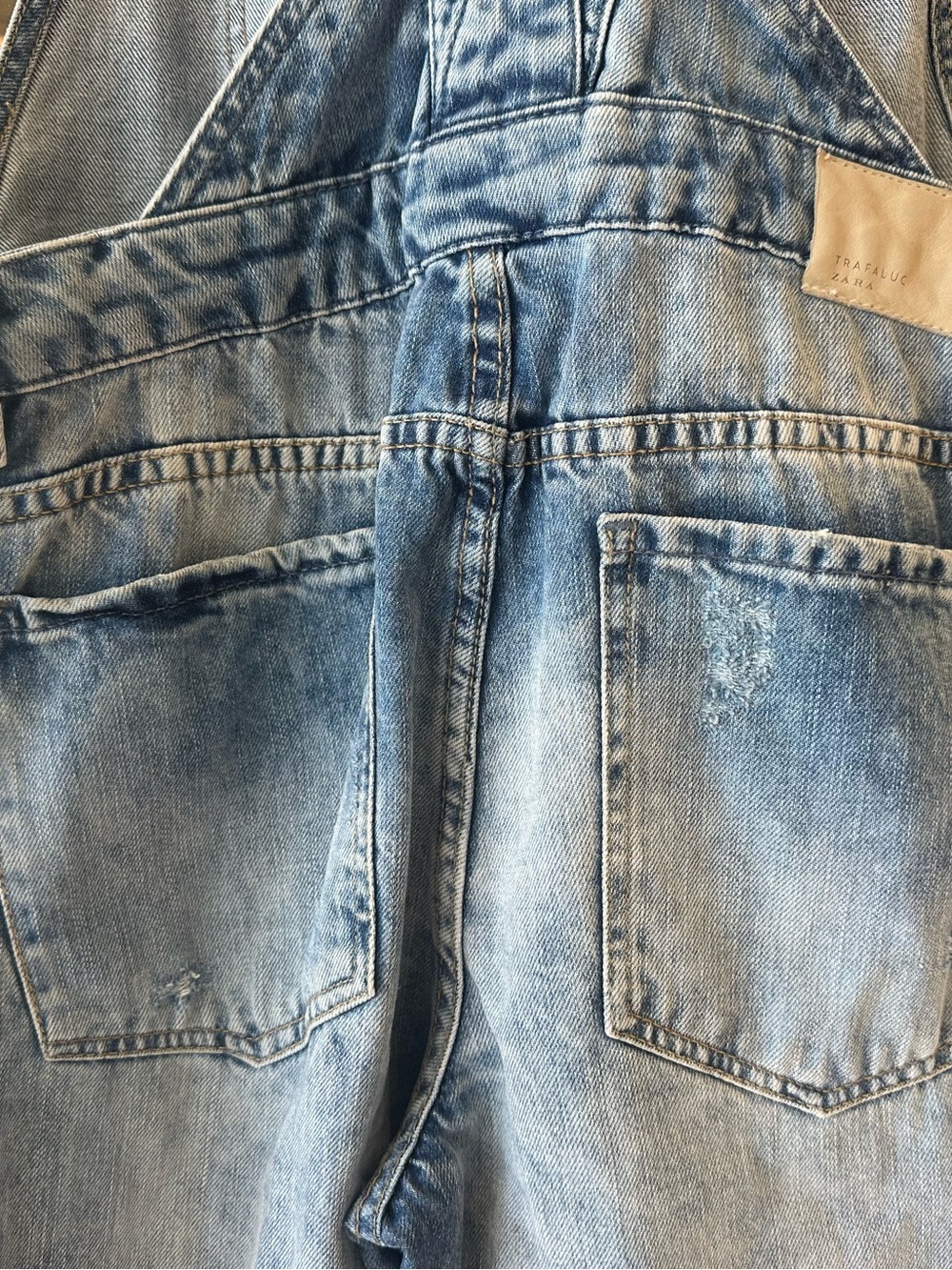 Zara Trafaluc Blue Light Wash Denim Distressed Boehmian Country Overalls- Size S - Picture 10 of 12